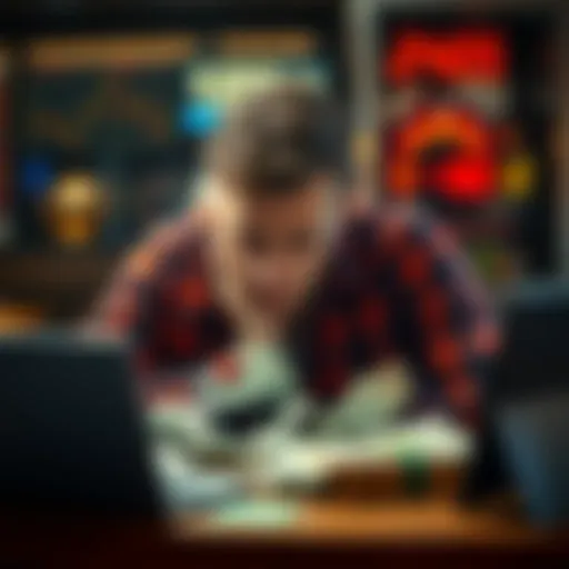 A young man sits at a table with his head in his hands, surrounded by betting slips and a laptop. He looks overwhelmed and worried about his financial situation.