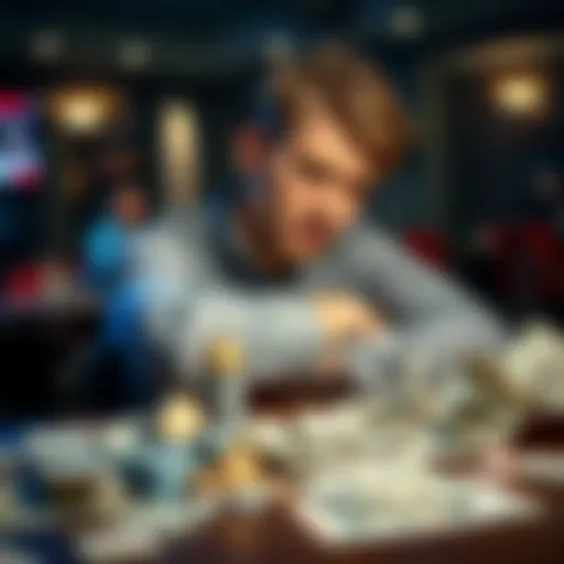 Young man struggling with gambling A young man sitting at a table with bills scattered around, looking stressed over financial issues after gambling losses.