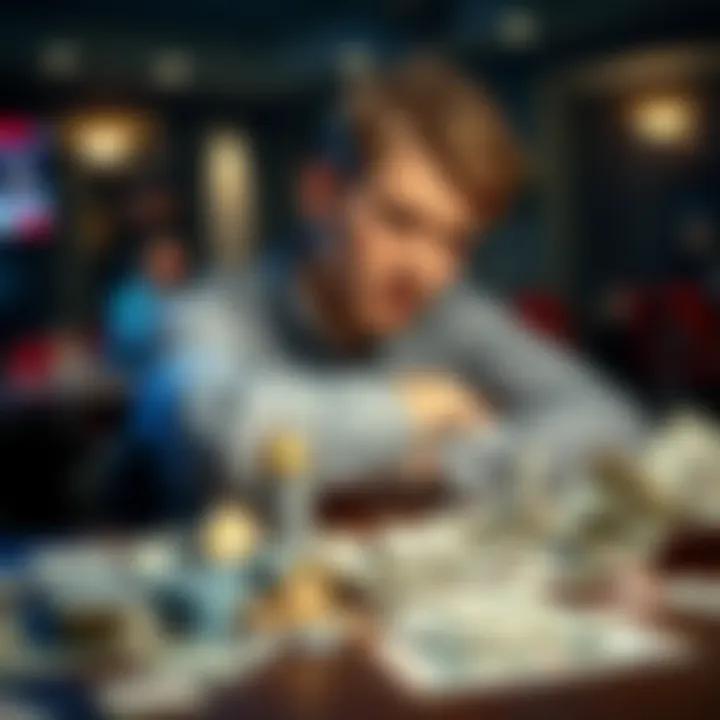 Young man struggling with gambling A young man sitting at a table with bills scattered around, looking stressed over financial issues after gambling losses.