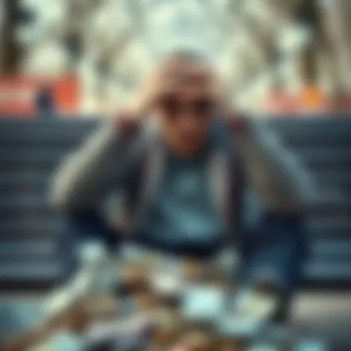 A 23-year-old man sitting on a bench, looking distressed and holding his head in his hands, with scattered coins and paper money around him.