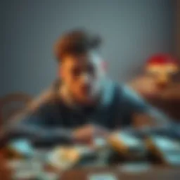 Young man looking worried A 28-year-old man sits alone with a distressed expression, surrounded by bills on a table, symbolizing his gambling addiction and debt problems.