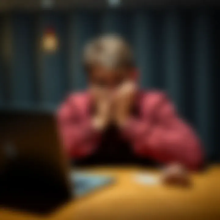 A 29-year-old man sitting alone at a table, with a laptop in front of him showing an online casino website, his hands covering his face in distress.