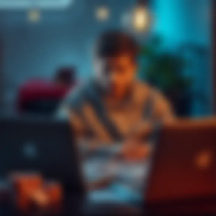 Young person looking worried A young person with a worried expression sitting at a table with bills and a laptop, reflecting on financial struggles due to gambling.