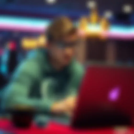 Young player considering online poker A young man in New Jersey looking at his laptop, contemplating playing poker online, with a concerned expression.
