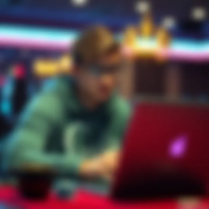 Young player considering online poker A young man in New Jersey looking at his laptop, contemplating playing poker online, with a concerned expression.
