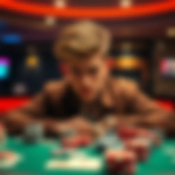 Young poker player facing addiction A young man looking distressed at a poker table, surrounded by chips and cards, reflecting on his struggles with gambling addiction.