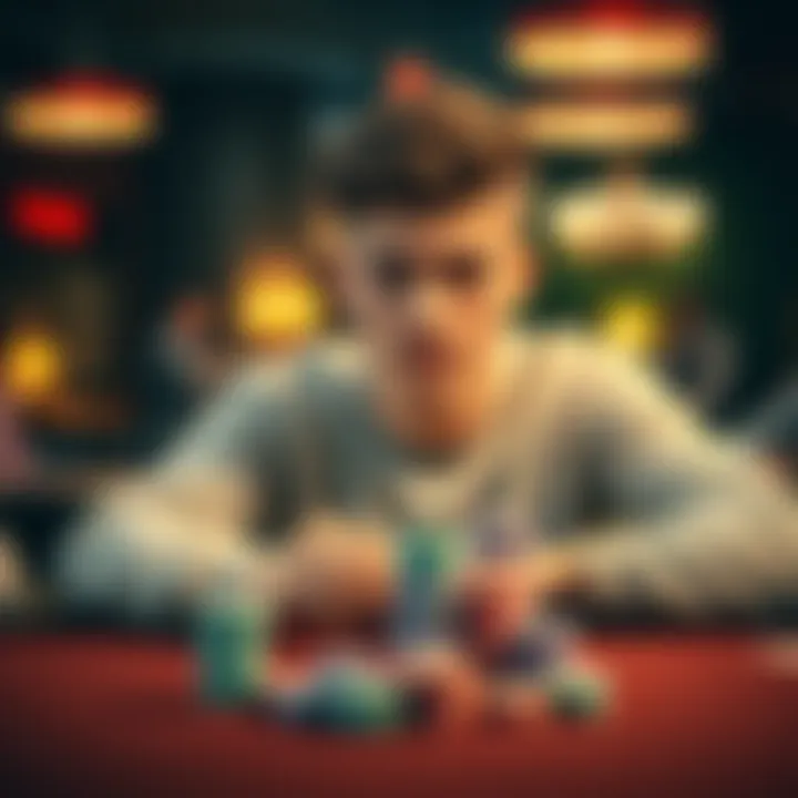 A 20-year-old man confidently playing poker at a 1-2 game table, with chips stacked in front of him, showcasing his success in the game.