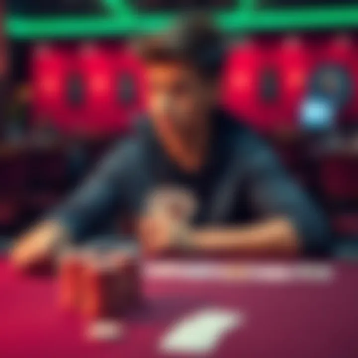Young poker player reflecting on his career A 20-year-old man sitting at a table with poker cards and chips, looking thoughtful as he contemplates his past decisions in poker.