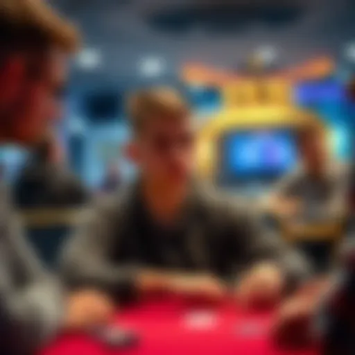 A 21-year-old poker player focusing on the game at a 5/10 table, showing determination while other players observe him with interest.