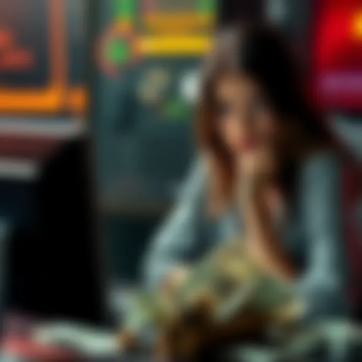 Young woman playing online gambling A 25-year-old woman sitting at a computer, looking stressed while playing online gambling games, with a worried expression and bills scattered around her.