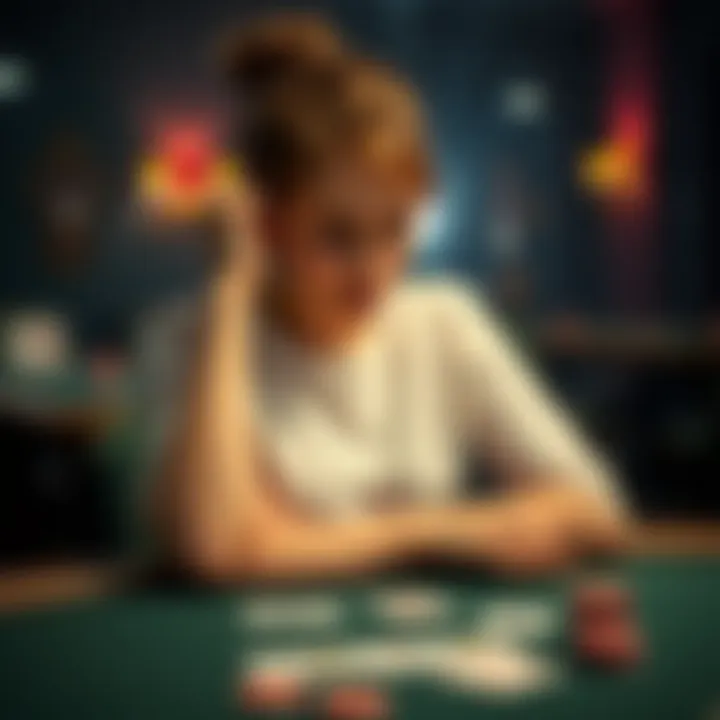 A thoughtful young woman sitting at a poker table, looking down with a concerned expression after losing money, with playing cards and chips in front of her.