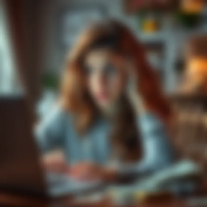 A 23-year-old woman looking worried while using a laptop, with bills scattered around her. She appears distressed about her financial issues related to online gambling.