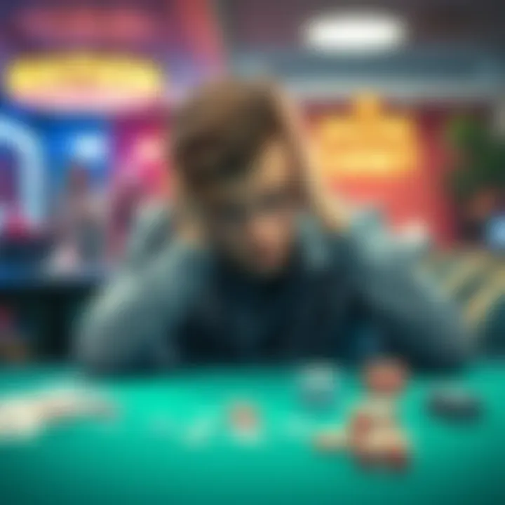 A young man sitting at a table with his head in his hands, looking distressed over gambling losses, surrounded by a few scattered gambling items.