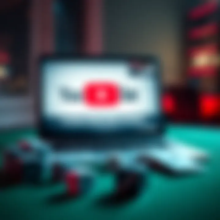 A laptop screen displaying a YouTube video about gambling, with dice and playing cards on the table