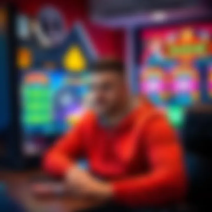 A YouTuber sitting in front of a computer with gambling games on the screen, displaying large cash prizes.