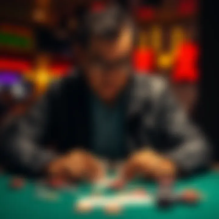 A disappointed man looking at gambling cards and chips on a table, showing signs of frustration after a loss.