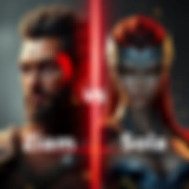 A side-by-side comparison of two characters, Ziam on the left and Sola on the right, showcasing their strengths and weaknesses in a visual format.