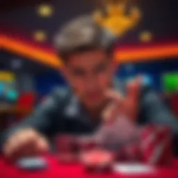 A concerned player looking at their gambling winnings while being unsure about the casino's intentions, with casino chips and cards in the foreground.